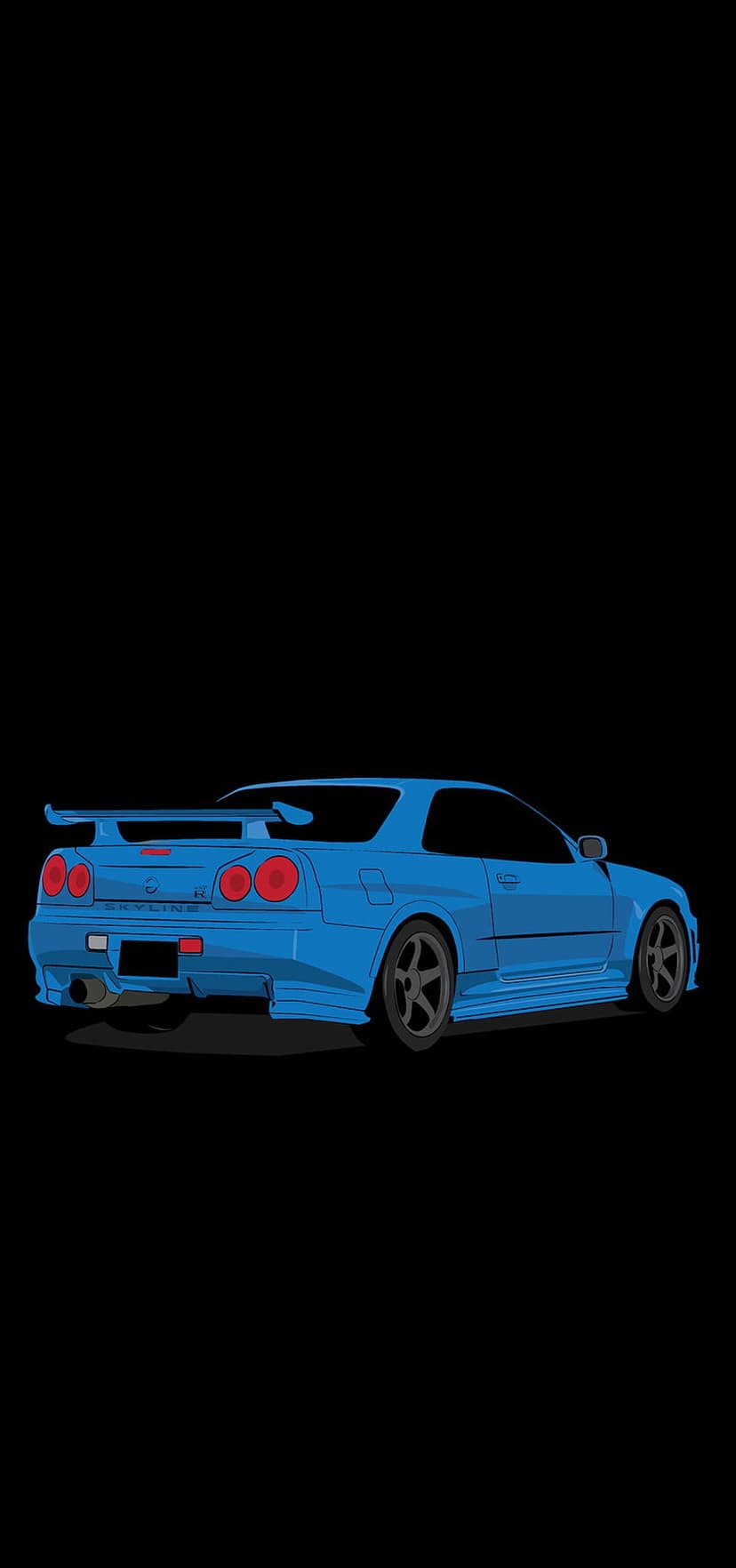 Blue Nissan Skyline R34 with glowing red taillights and a large rear spoiler against a solid black background.
