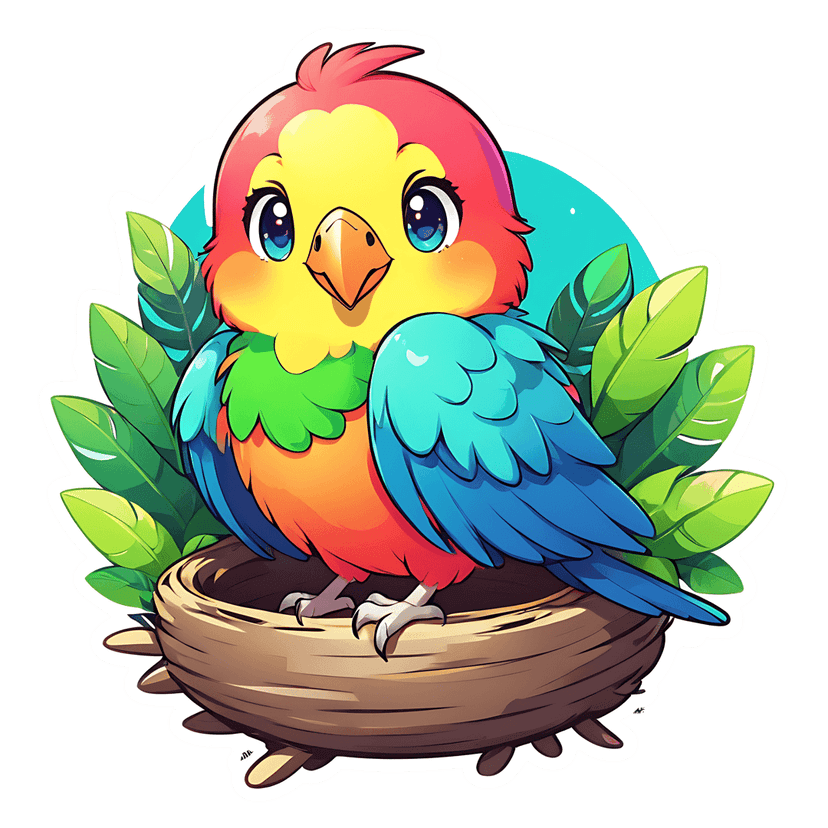 Colorful parrot clipart sitting in a wooden nest with green leaves and a blue background shape with white edges.