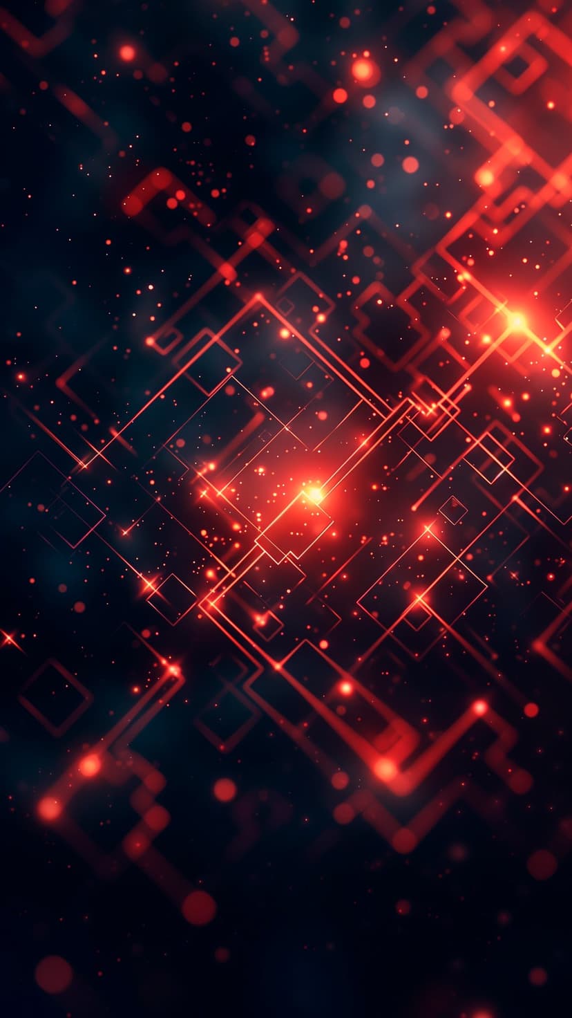 Red glowing circuit lines and geometric shapes float among luminous particles over a dark starry background.