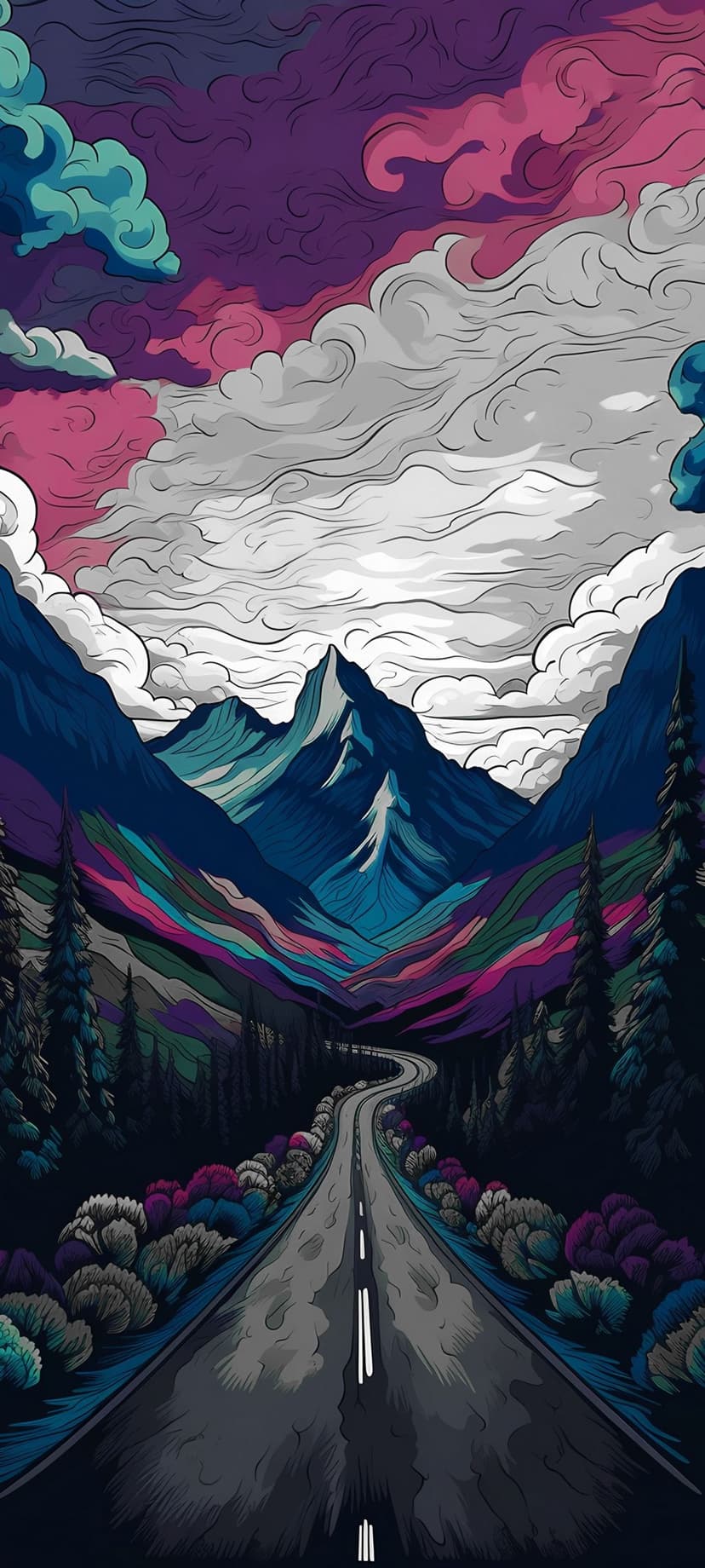 Winding road curving through jagged purple mountains beneath a sky of swirling pink and yellow neon clouds.