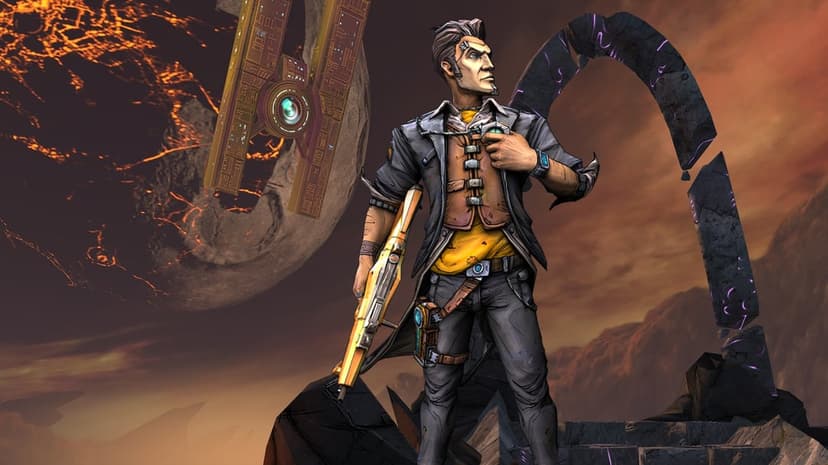 Handsome Jack holding a yellow rifle in front of a shattered moon and a glowing purple alien archway.