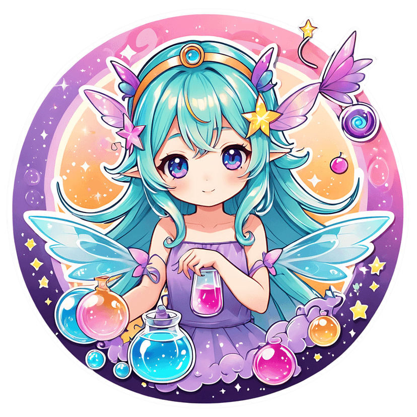 Chibi fairy character with teal hair and purple eyes holding a pink potion beaker against a gradient circle.