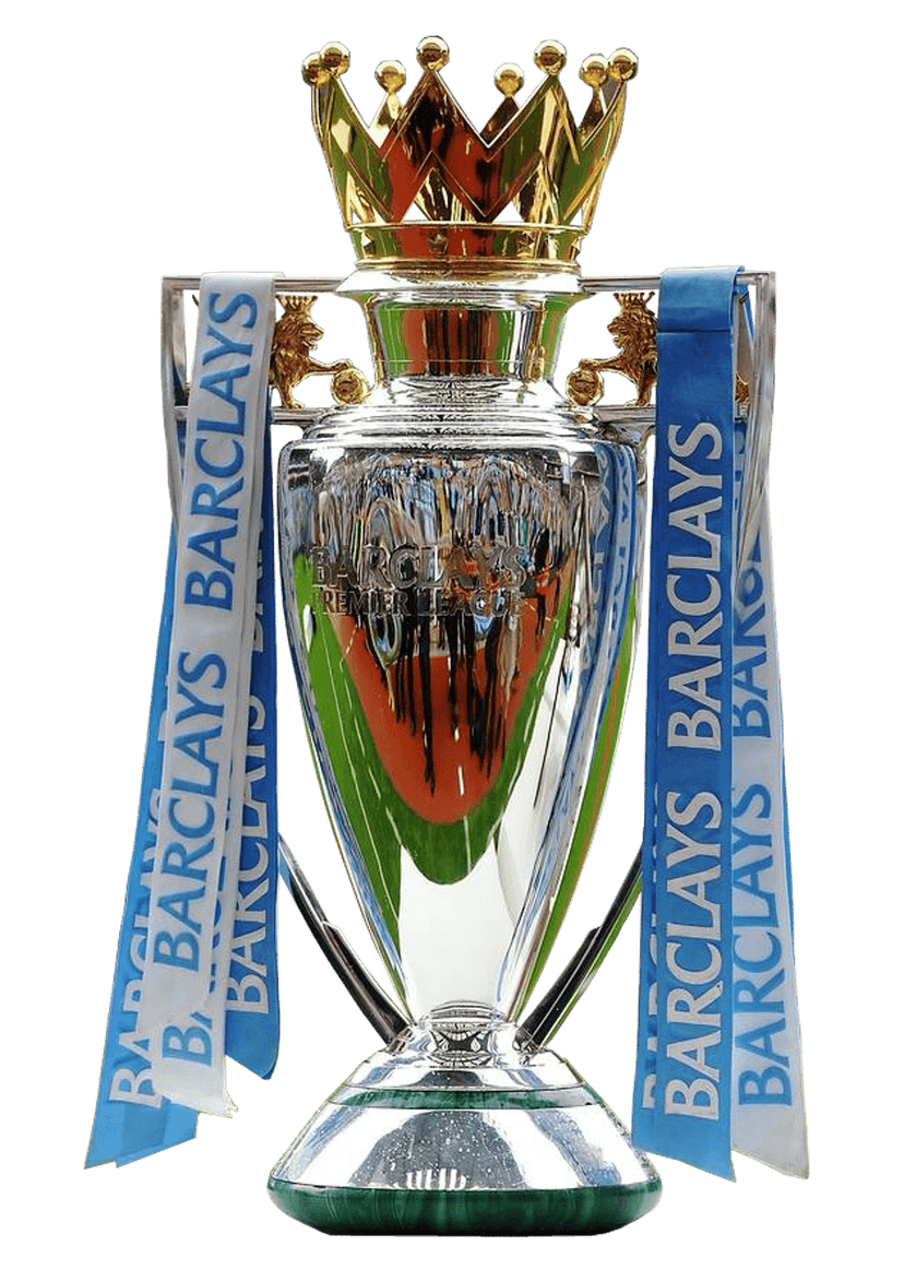 Premier League Trophy featuring silver metallic finish, purple ribbons, and lions atop the ornate gold crown.