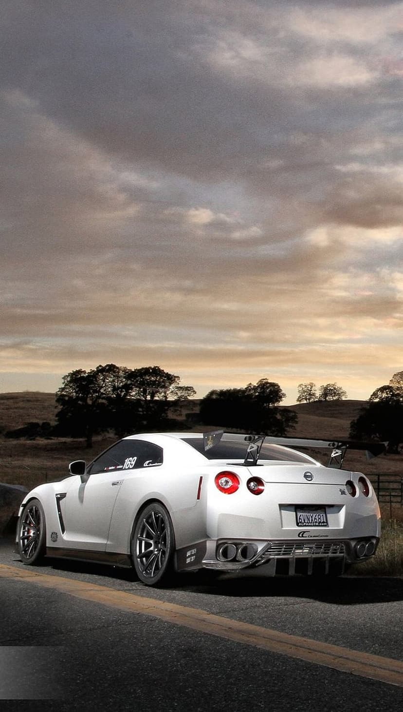 White Nissan GT-R R35 with a large rear spoiler parked on a rural asphalt road under a dramatic cloudy sky.
