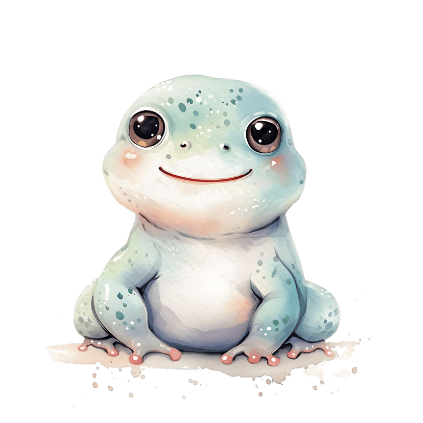 Green frog watercolor illustration features large brown eyes, pink cheeks, and dark green skin speckles.
