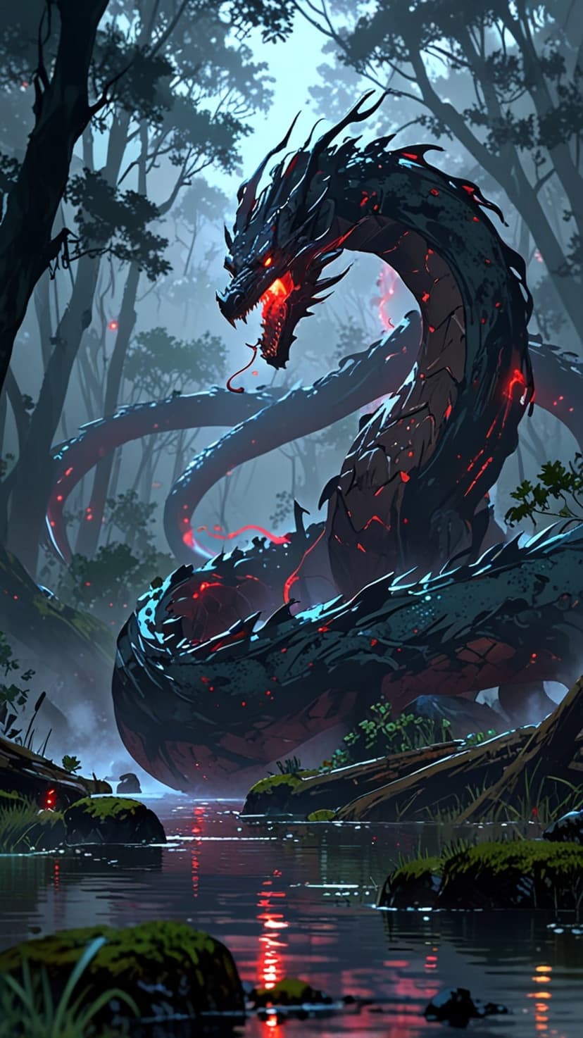 Black serpentine dragon with glowing red eyes coils through a misty swamp surrounded by ancient, dark trees.