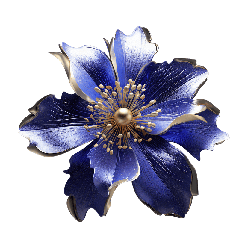 Cobalt blue abstract flower with metallic gold petal edges and yellow stamen on a transparent background.