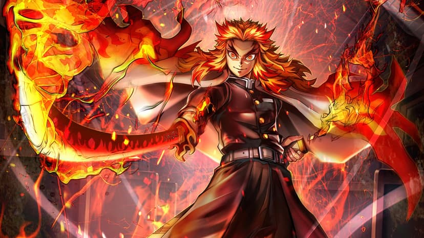 Kyojuro Rengoku Flame Hashira stands amid swirling orange fire holding a Japanese sword in a dramatic action pose.