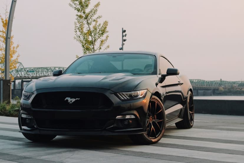 Black Ford Mustang parked on textured asphalt with a blurred bridge and trees in the urban background.