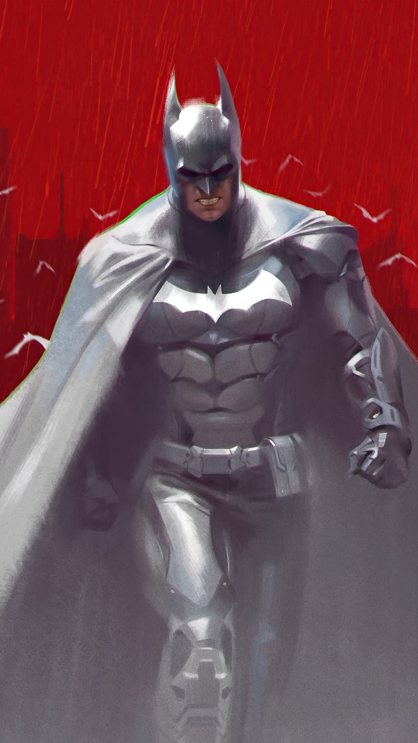 Batman in gray armor stands amidst falling rain under a deep red sky with silhouettes of birds in the distance.