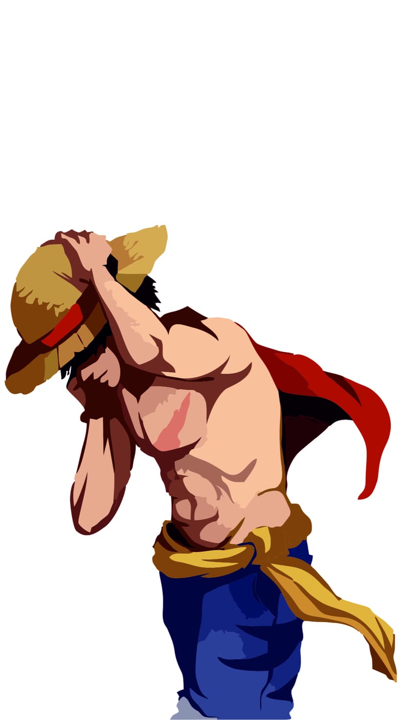 Monkey D. Luffy wearing a straw hat and red cape flexes his muscles in a dynamic vertical action pose.
