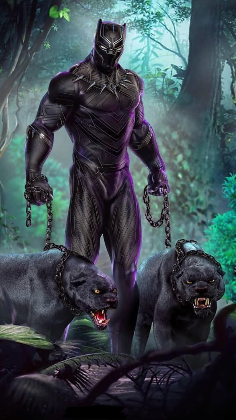 Black Panther holds chains of two snarling panthers with glowing eyes in a dense, dark tropical jungle setting.