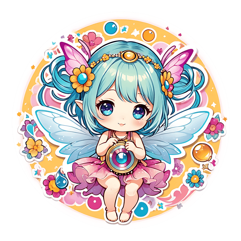 Chibi fairy sticker with light blue hair and pink dress sits inside a floral yellow circle with small wings.