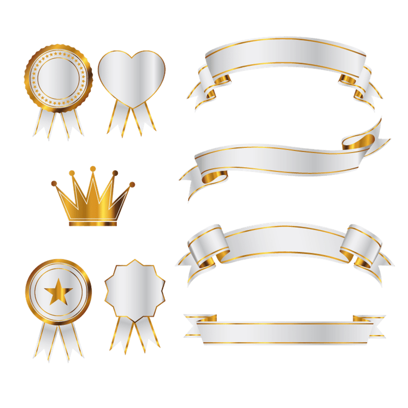 Golden crown emblem featuring a flowing ribbon banner, circular coin, and geometric lines on a white background.