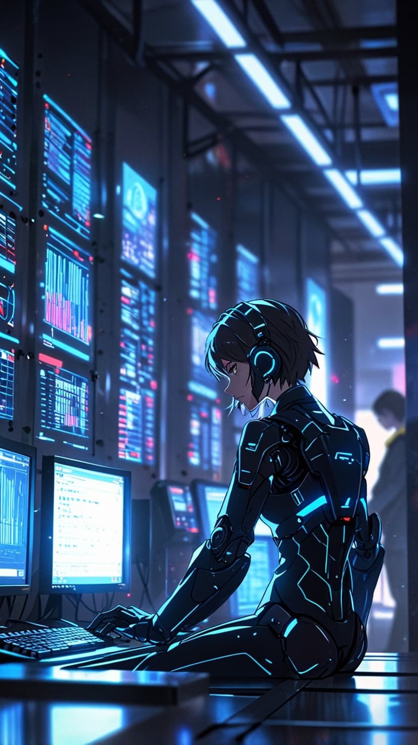 Young woman in a cyber suit wearing headphones sits before glowing blue server screens in a dark data center.