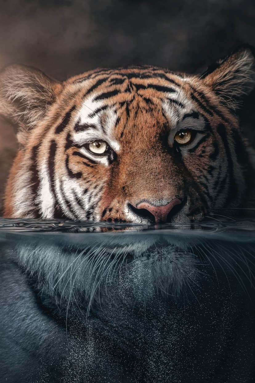 Tiger head with orange and black stripes submerged in dark water creating a vertical mirrored reflection.
