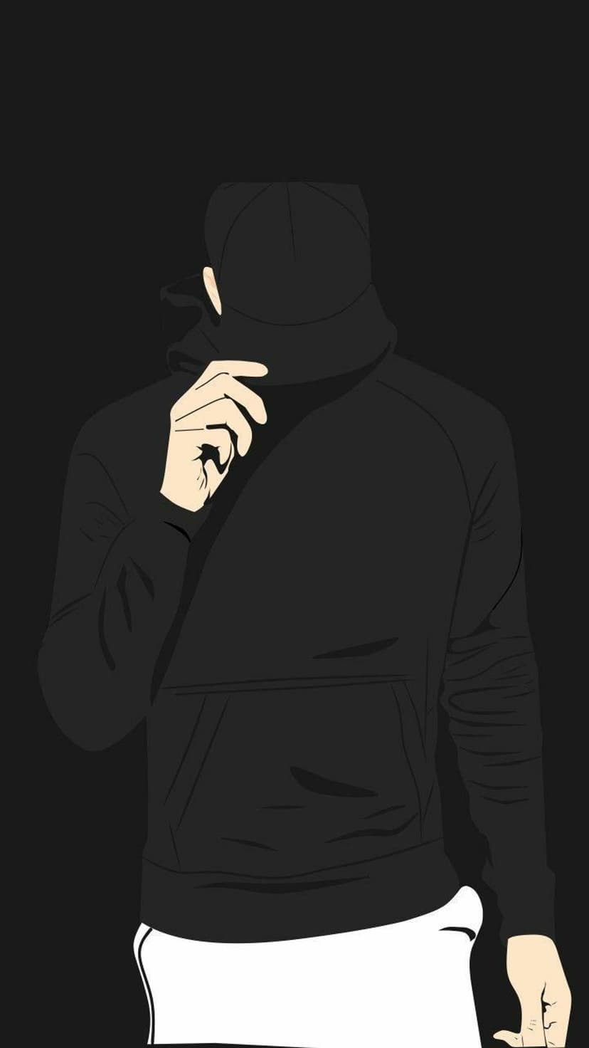 Hooded person in a baseball cap adjusts their brim, obscured by deep shadows in a monochrome vertical scene.