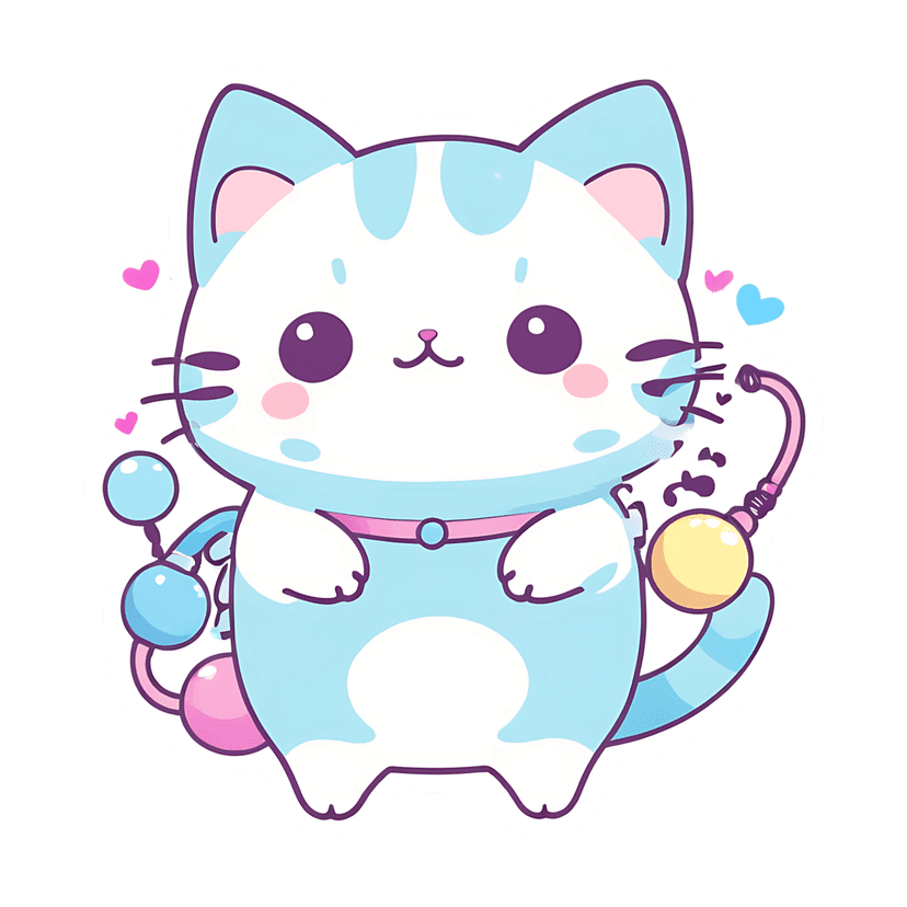 Blue kitten sticker illustration featuring large purple eyes, a pink collar, and floating heart accents.