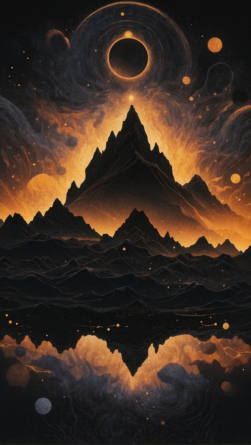 A ringed solar eclipse glows above dark mountain peaks reflected in a still lake under a starry night sky.