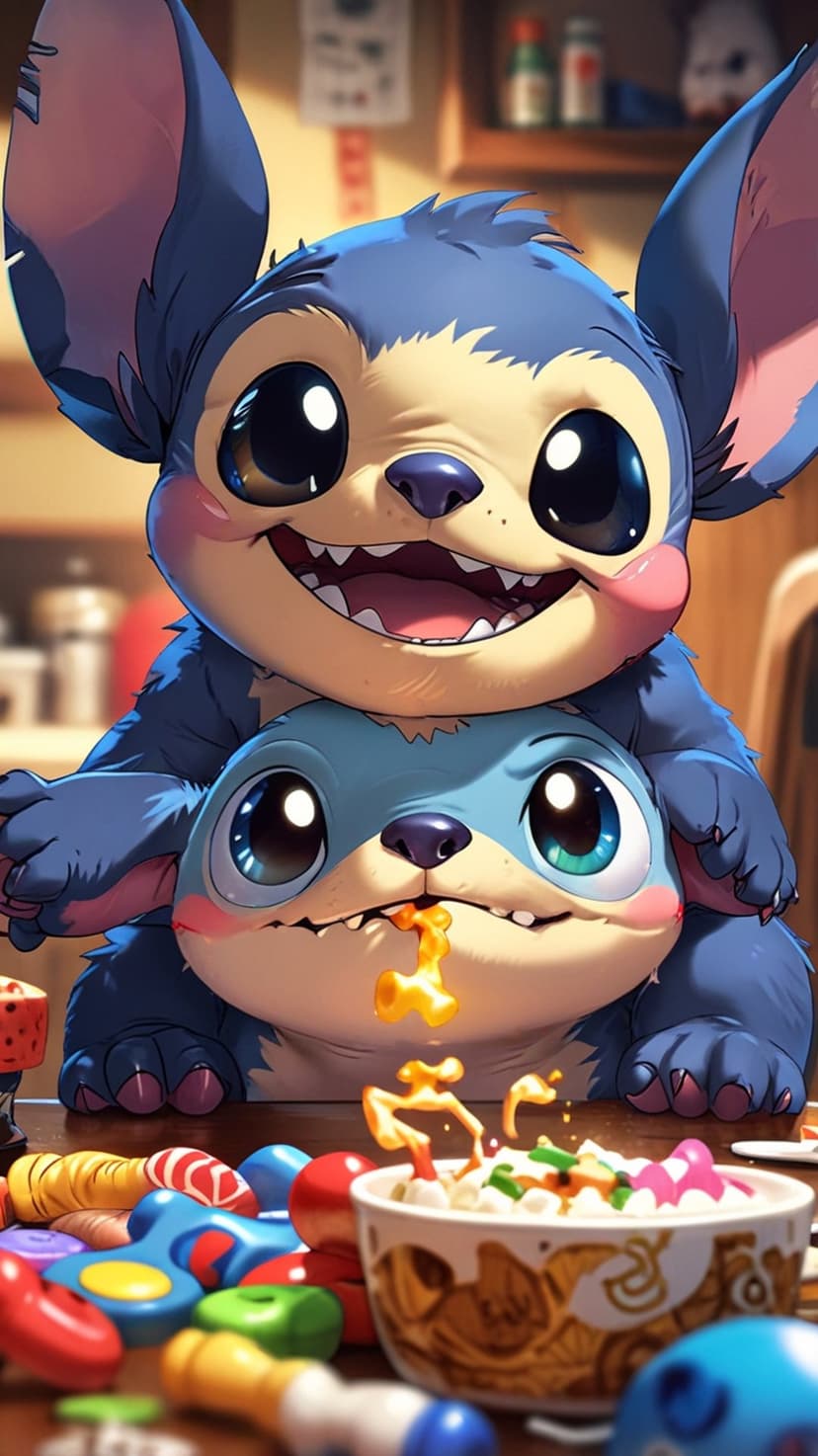 Stacked blue cartoon aliens smile beside a toy-filled snack bowl in this bright and playful vertical screen view.