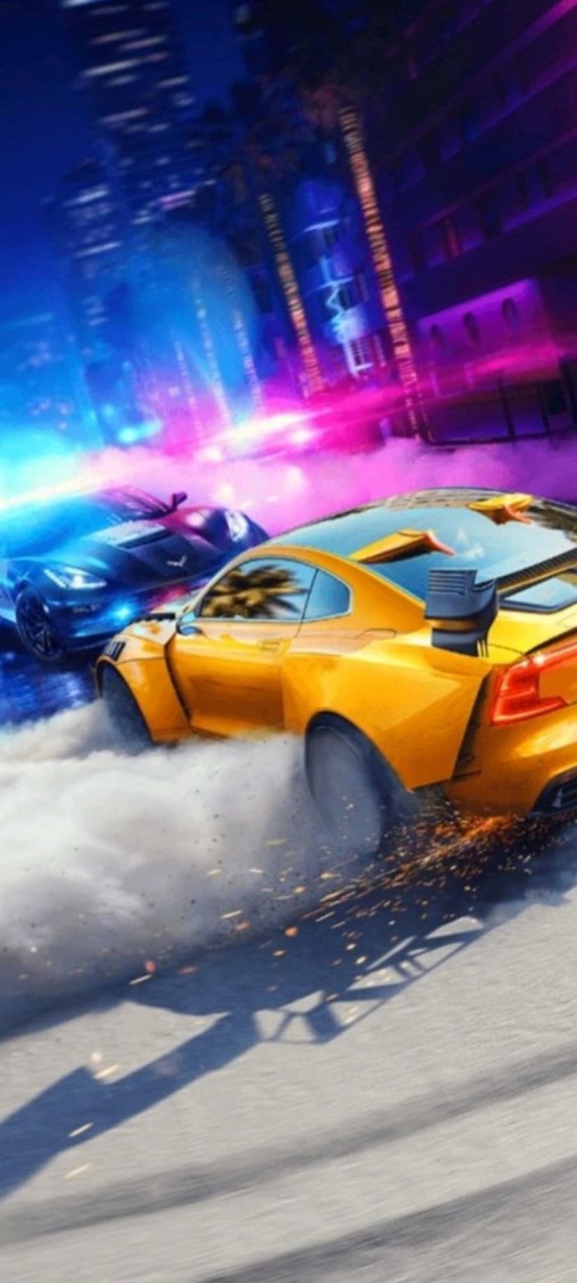 Yellow sports car drifting with smoke and sparks alongside a blue car on a neon-lit night city street.