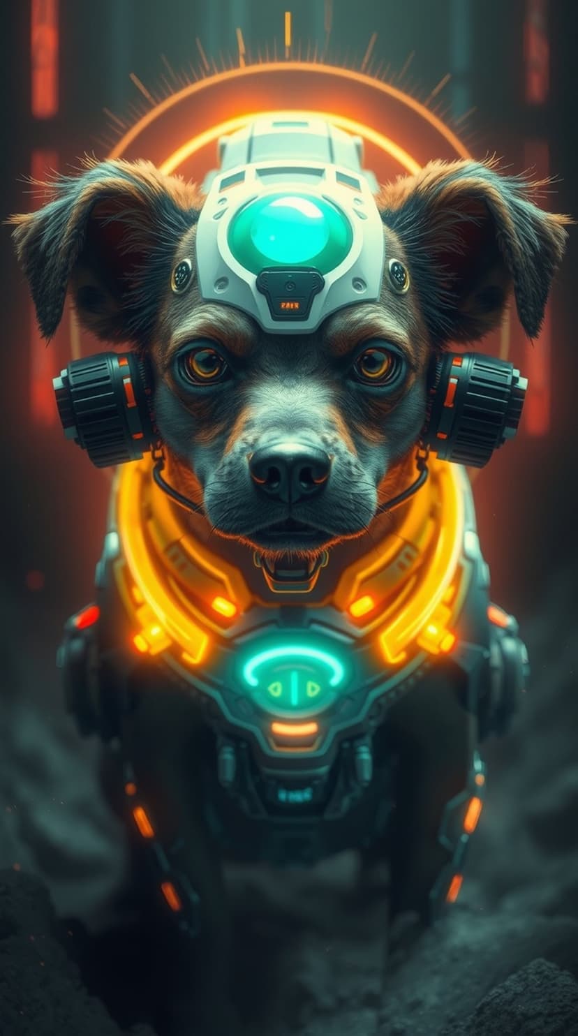Canine wearing a robotic helmet with a glowing green orb, orange techwear collar, and metallic cyberpunk plating.