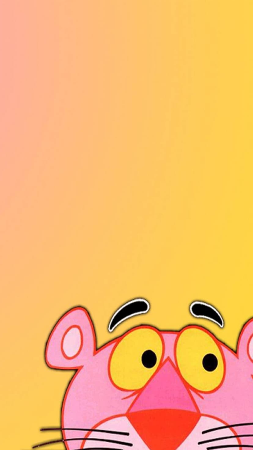 Pink Panther peers upward against a peach and yellow gradient background with wide eyes and pointed ears visible.