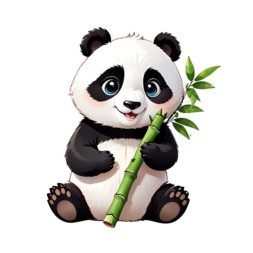 Panda sticker illustration with black patches and blue eyes sits upright holding a green bamboo stalk.