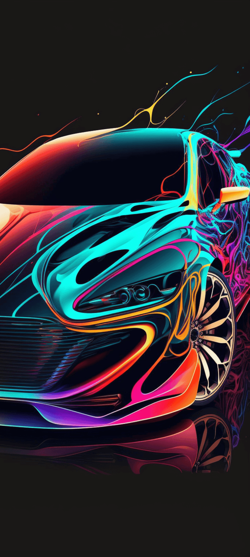 Futuristic sports car surrounded by swirling ribbons of electric blue, hot pink, and orange neon light streaks.