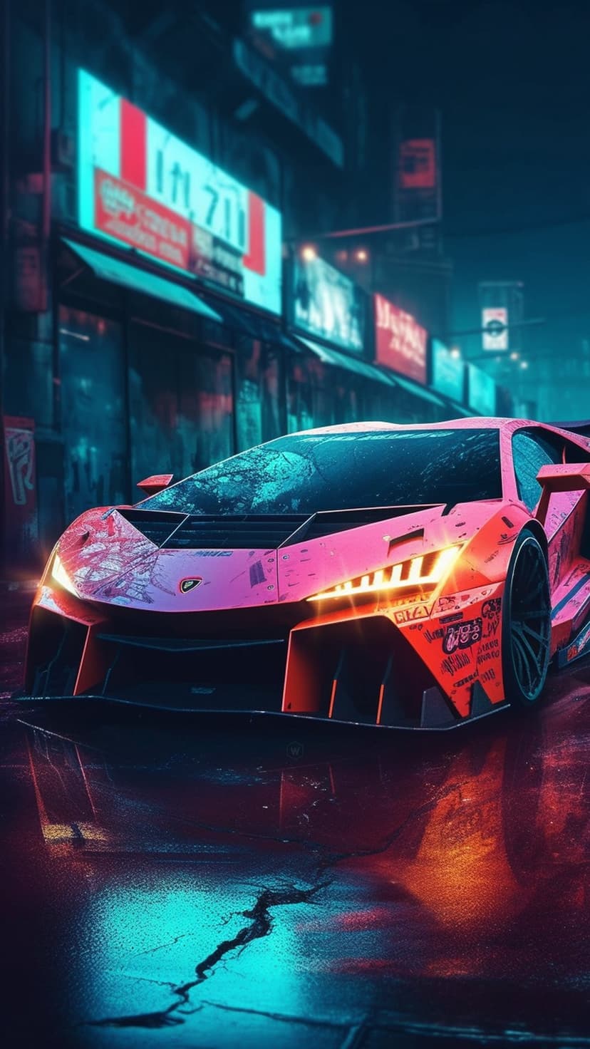 Pink and orange Lamborghini racing down a wet city street reflecting neon signs under a dark night sky.