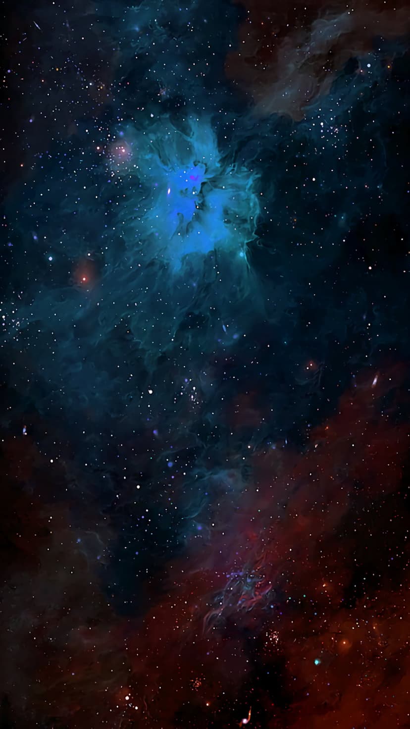 Swirling aqua nebula clouds and reddish-brown cosmic dust merge amidst a dense field of bright white twinkling stars.