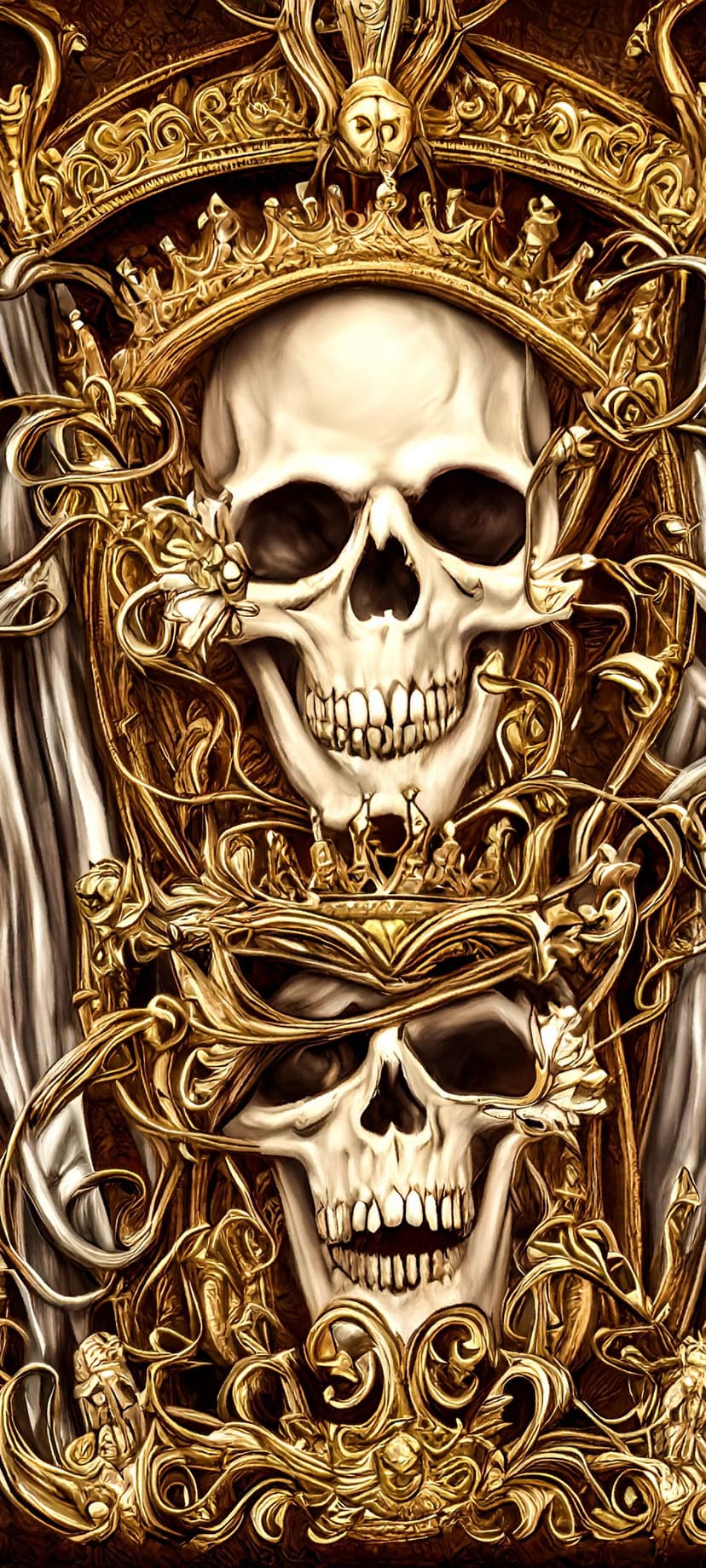 Crowned skulls with golden baroque filigree and intricate metalwork details sit against a dark backdrop.