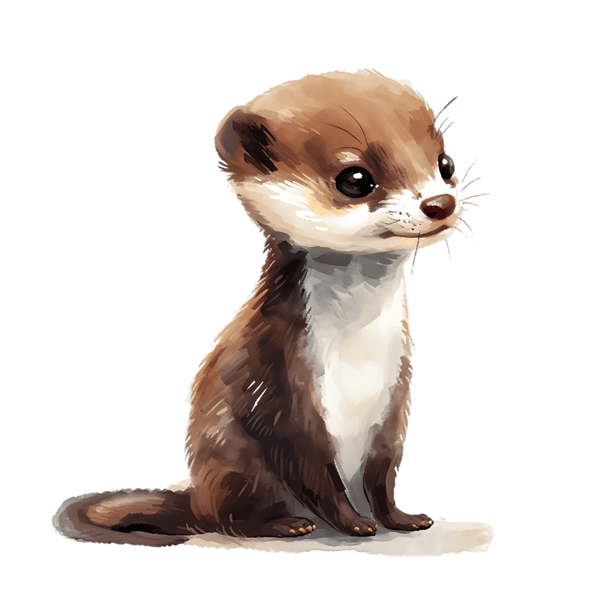 Watercolor weasel illustration featuring brown and white fur with soft brushstrokes on a transparent background.