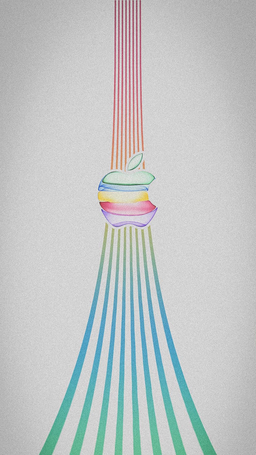 Rainbow Apple logo centered between vertical red and blue lines on a light textured background for mobile screens.