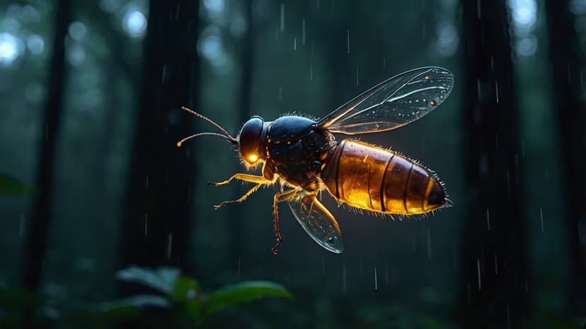 Bioluminescent insect with glowing amber segments and translucent wings hovers in a dark, rainy forest at night.