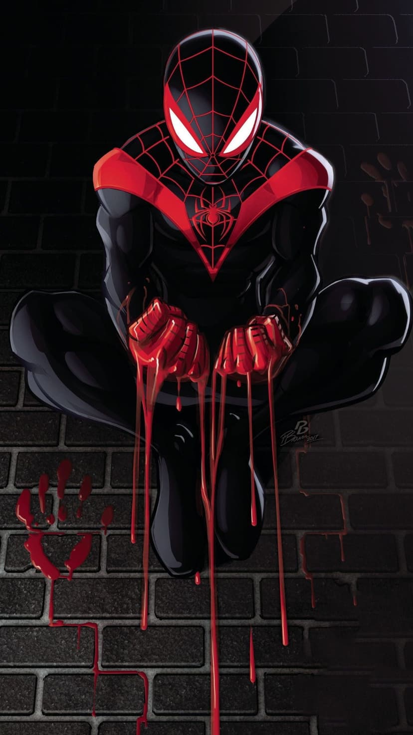 Miles Morales crouches by a brick wall with red liquid dripping from his hands and staining the background.