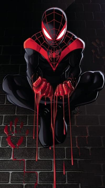 Miles Morales Spider-Man covered in red liquid