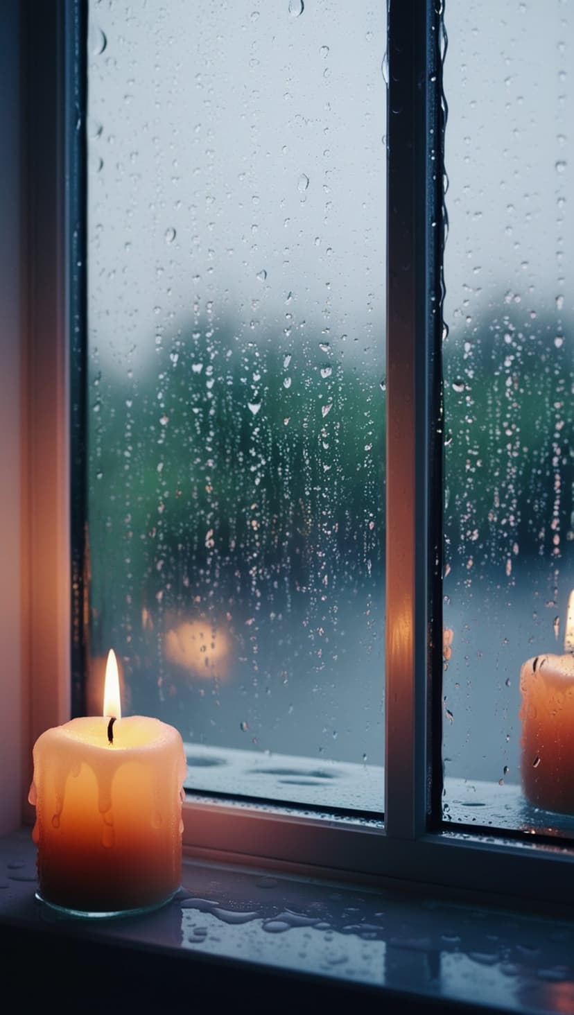 A lit candle glows on a wooden windowsill while raindrops cling to the glass against a blurred outdoor background.