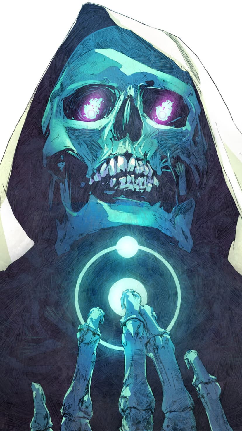 Skeletal reaper with violet glowing eyes holds a luminous cosmic sphere against a dark teal misty background.