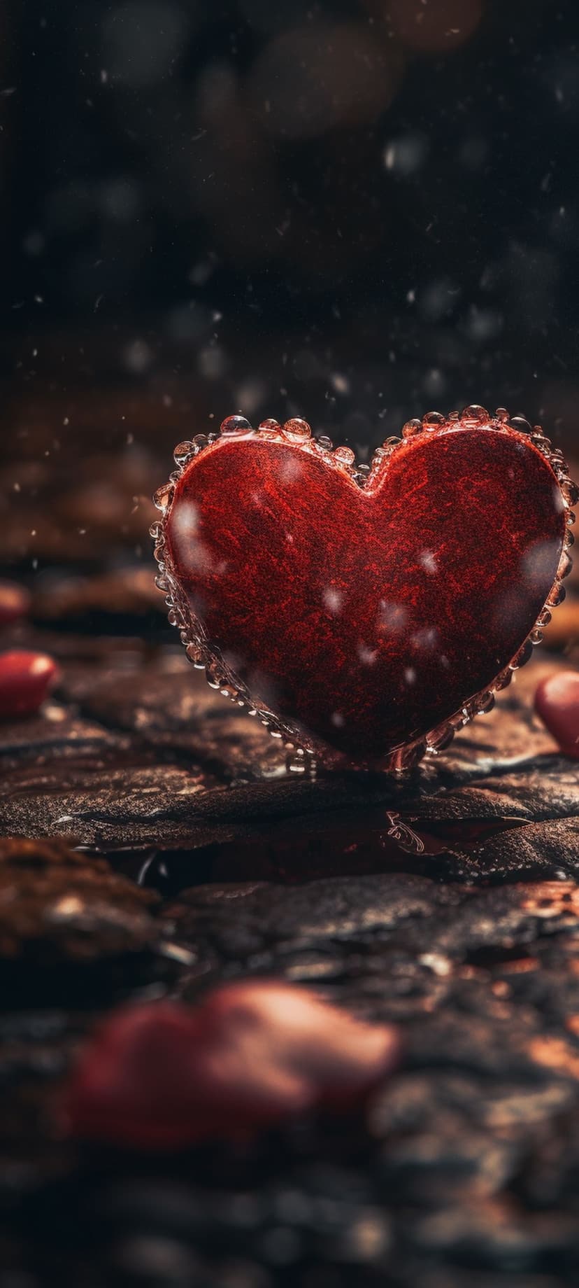 Textured red heart with glistening water droplets on a dark stone surface with soft background bokeh lighting.