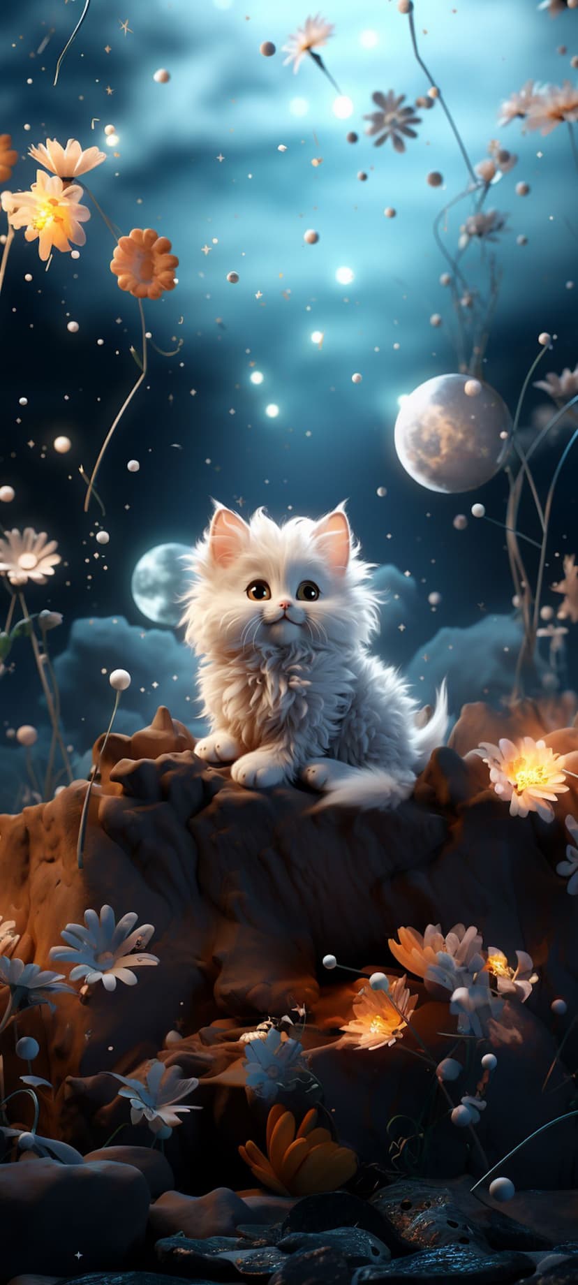 White fluffy kitten gazes at glowing blue flowers and celestial orbs under a starry night sky on a rocky ledge.