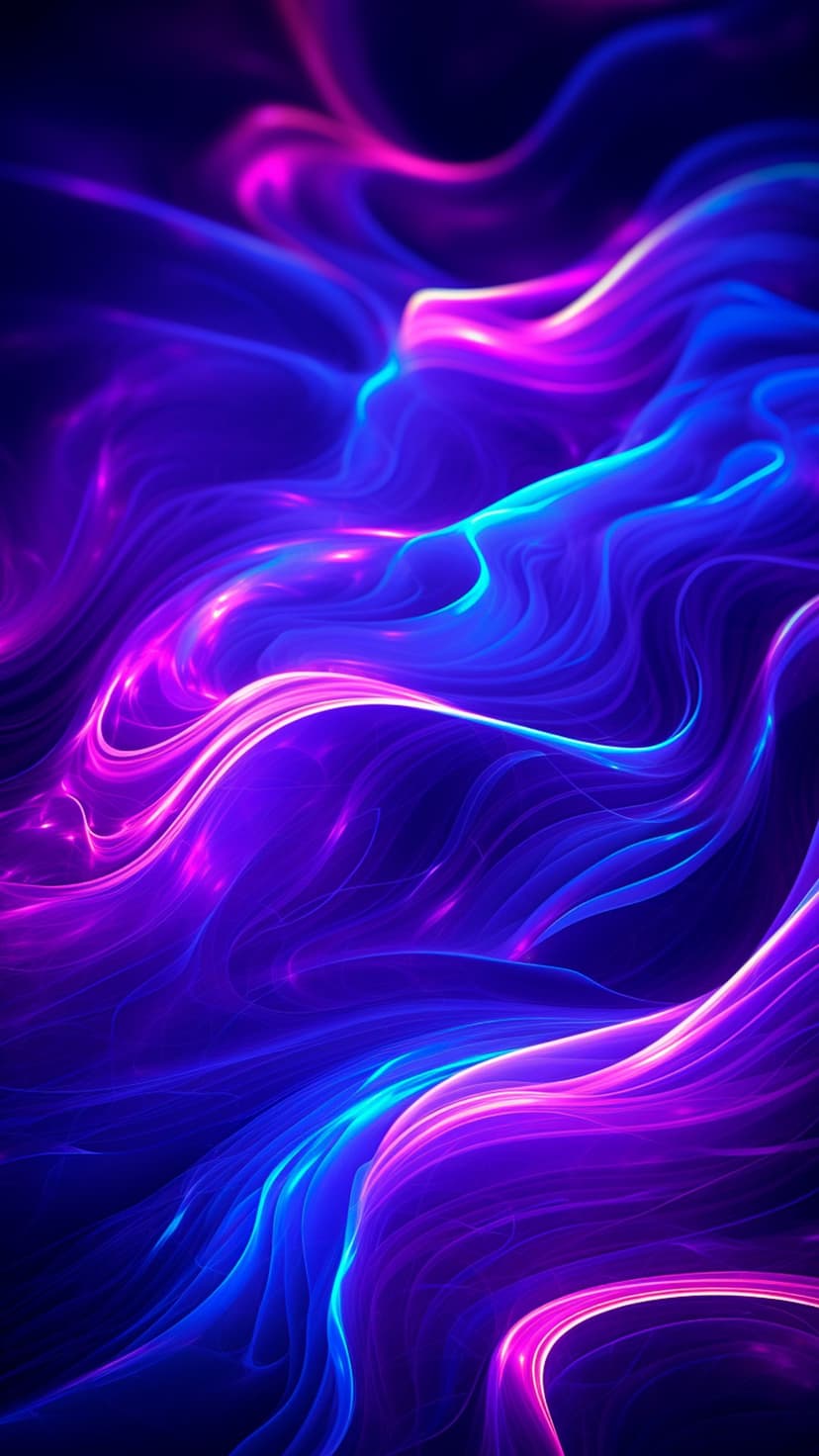 Electric purple and blue neon waves swirl in a vertical fluid pattern against a dark, high-contrast background.