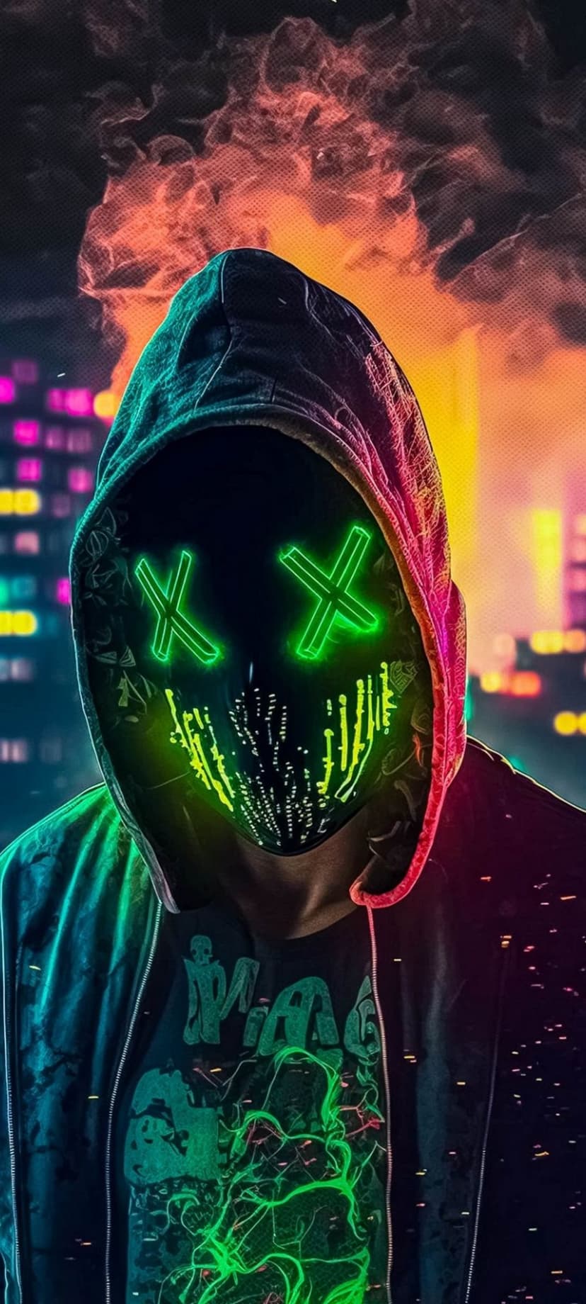 Masked person in a black hoodie with glowing green X eyes stands before a blurred orange and blue city at night.