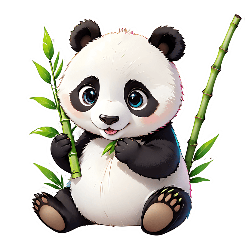 Giant panda cub sticker with fluffy white fur and blue eyes holding a green bamboo branch on a front view pose.