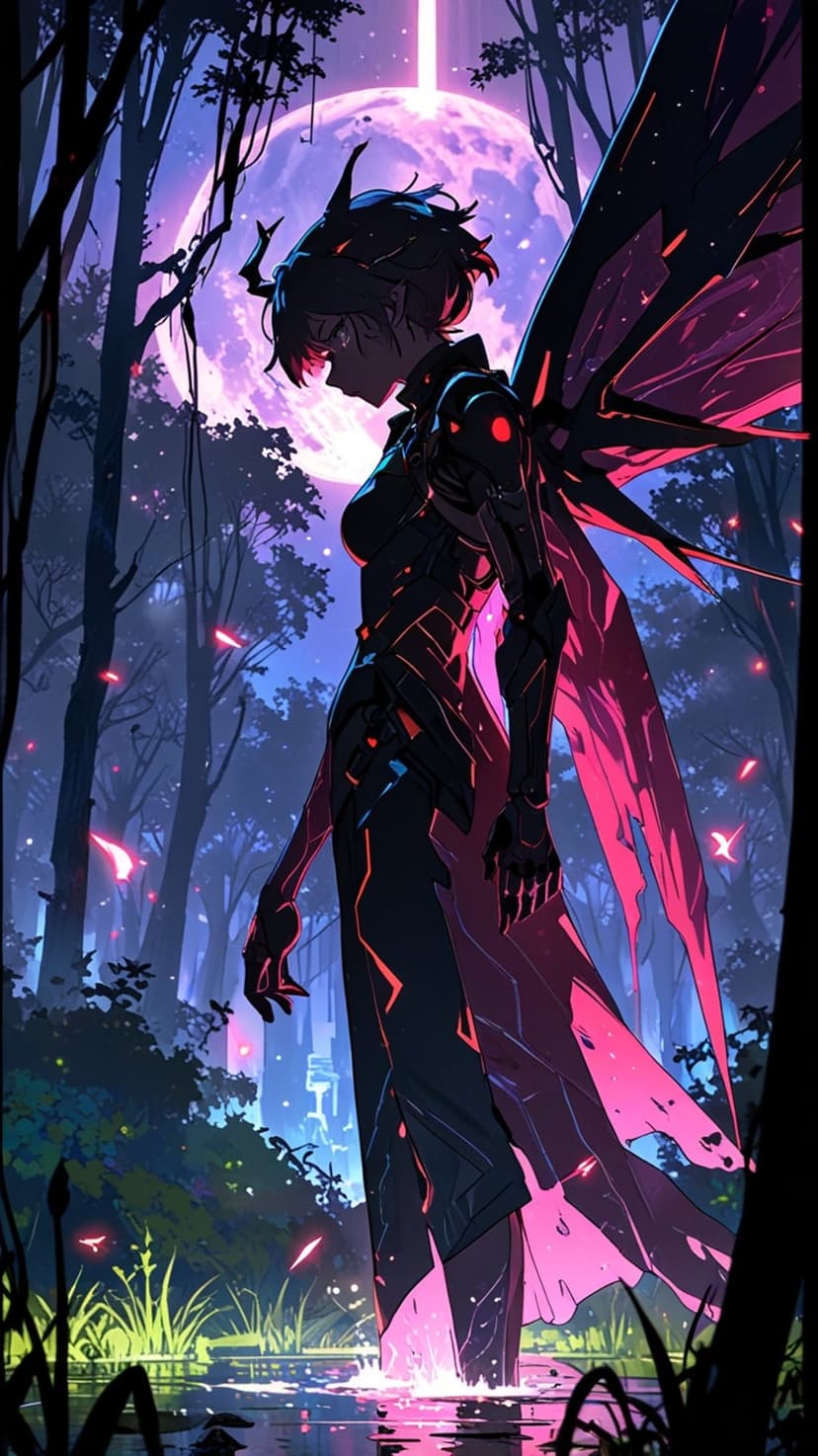 Female android with mechanical wings and red lights standing in a glowing purple forest under a massive moon.