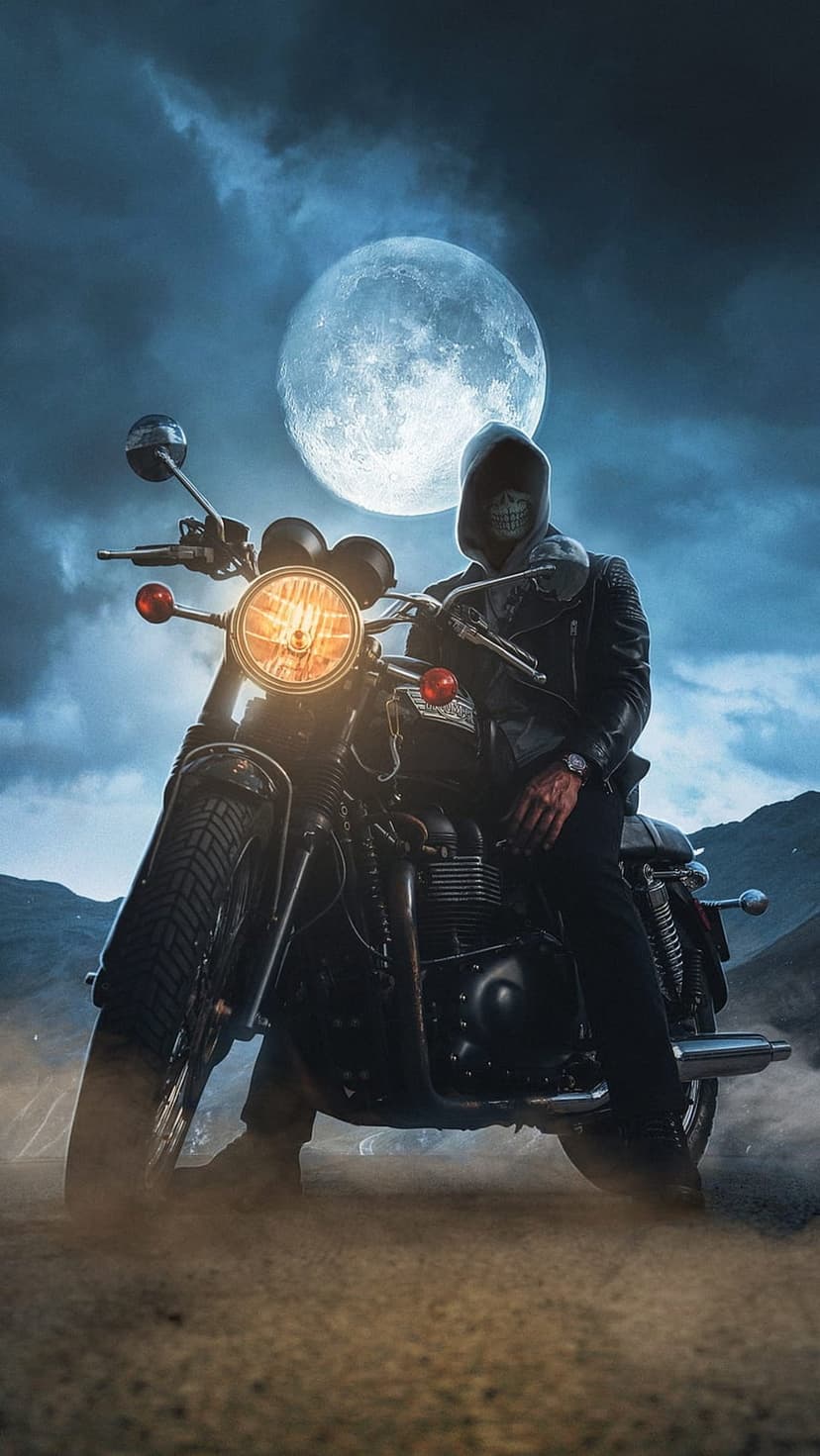 Skeletal biker in a dark hoodie riding a vintage motorcycle across a dusty road under a giant glowing full moon.