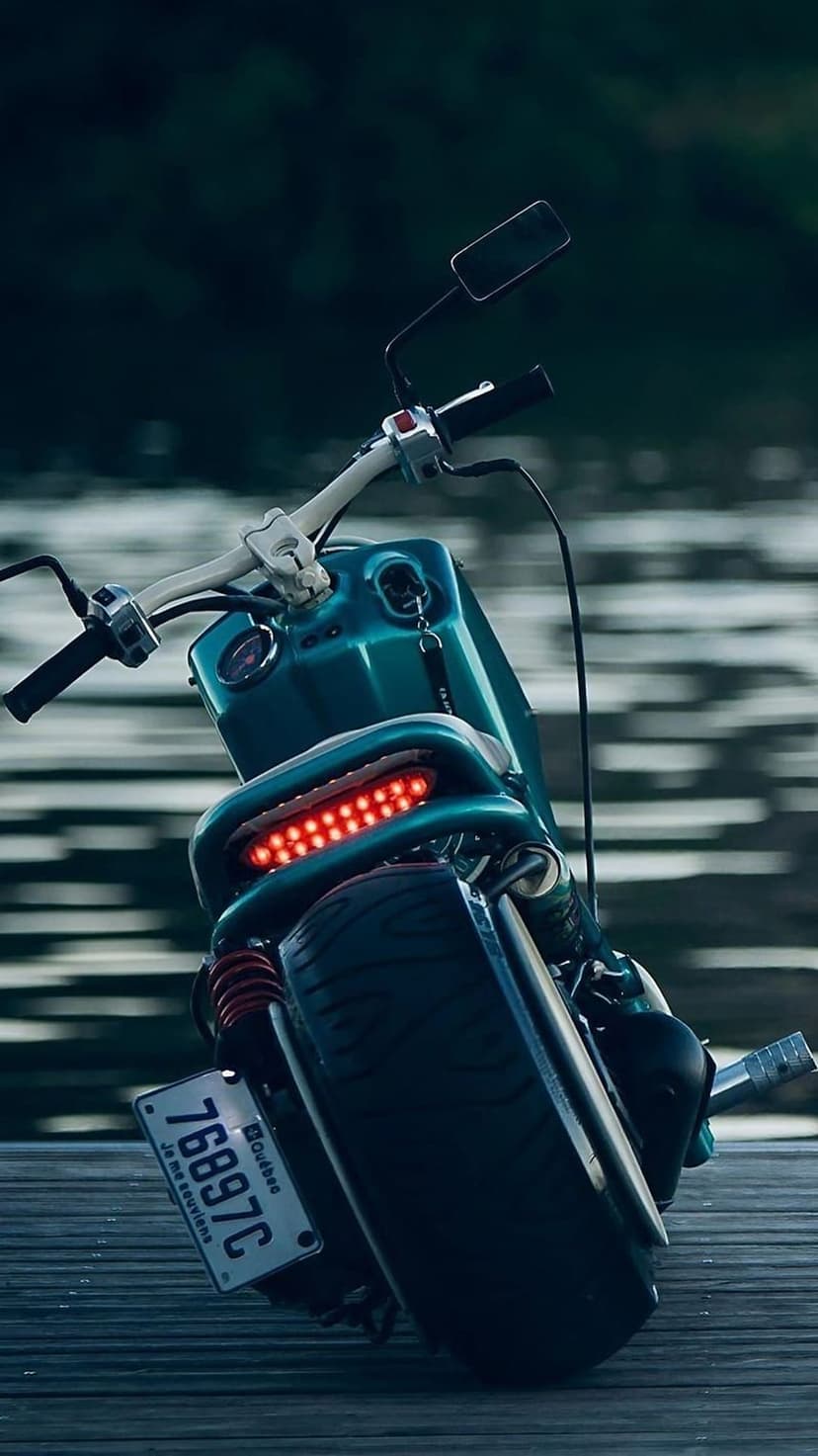 Teal scooter with a glowing red LED taillight parked on a wooden dock overlooking dark water and green trees.