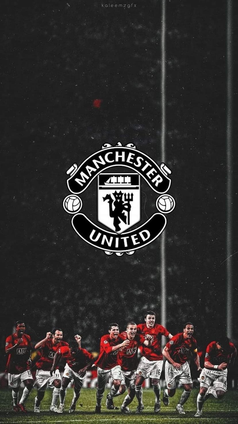 Manchester United players cheer beneath a large club crest set against a gritty, dark textured mobile background.