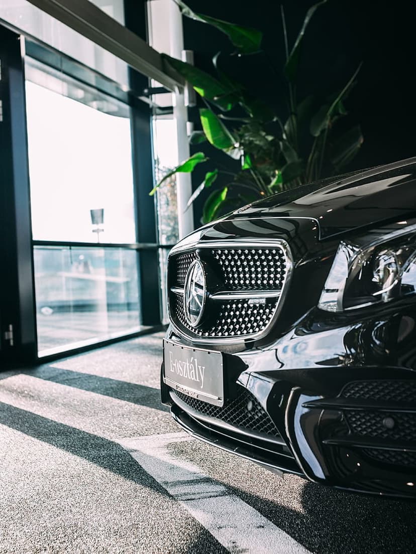 Mercedes-Benz grille features dramatic sunlight streaks and lush indoor plants in a sleek vertical composition.
