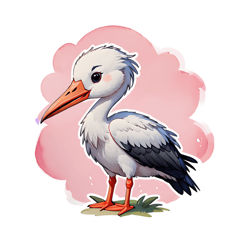 Stork sticker illustration standing on green grass within a pink watercolor cloud featuring a white border.